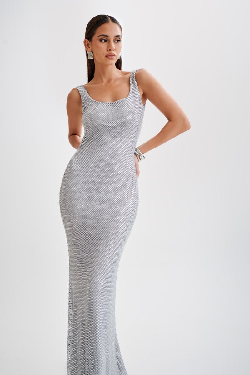 Women's Meshki Annika Diamante Mesh Maxi Dress Silver Australia | P0N-4444