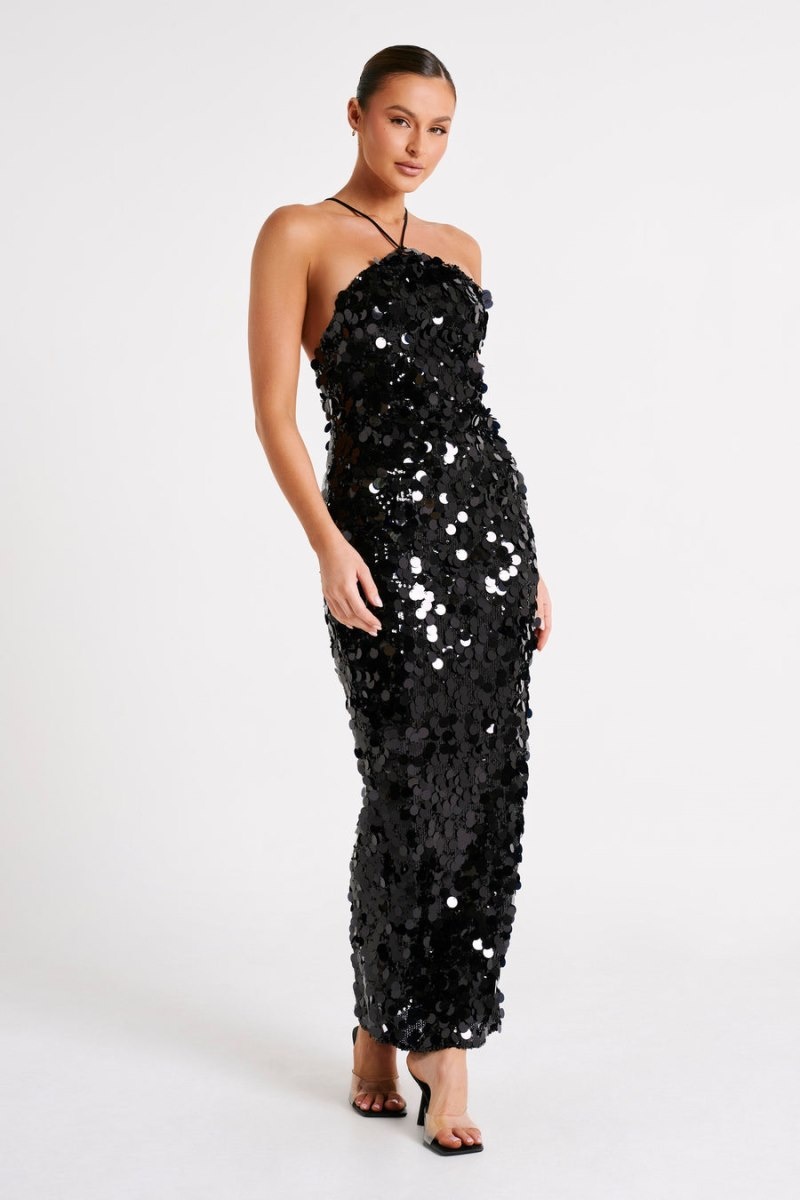 Women's Meshki April Sequin Halter Maxi Dress Black Australia | O0U-5102