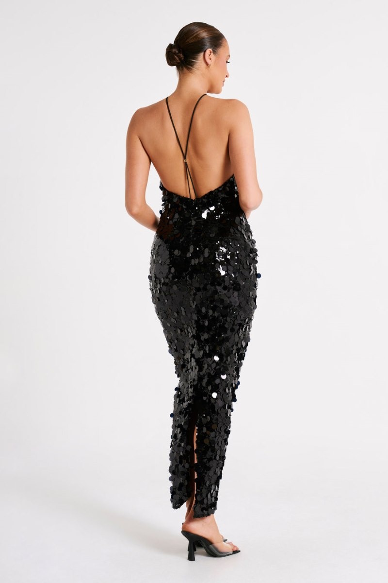 Women's Meshki April Sequin Halter Maxi Dress Black Australia | O0U-5102