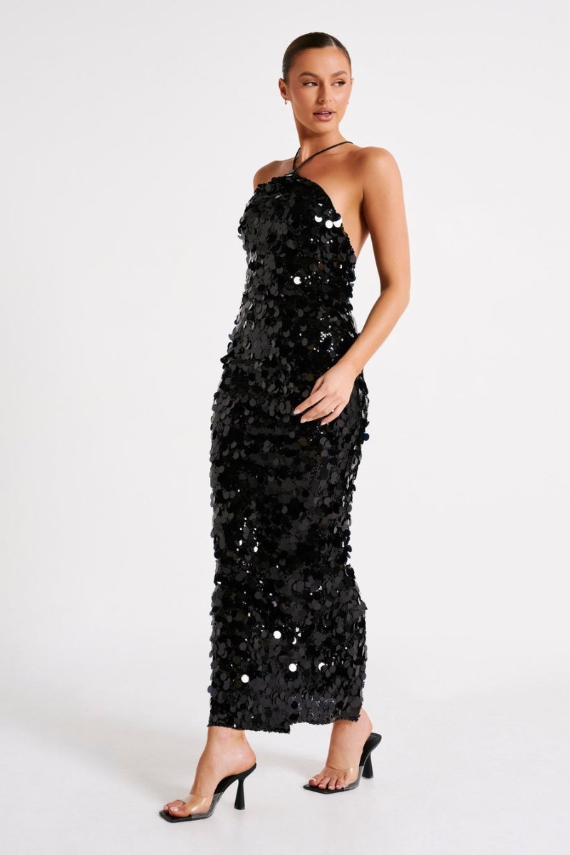 Women's Meshki April Sequin Halter Maxi Dress Black Australia | O0U-5102