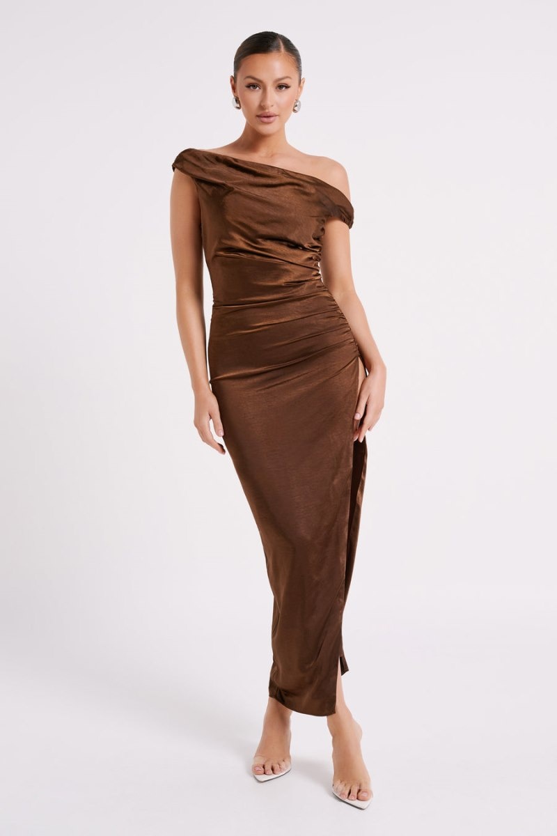 Women's Meshki Arianne Draped Satin Maxi Dress Dark Chocolate Australia | R2N-2174