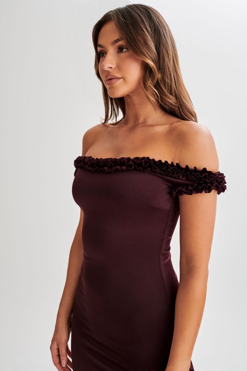 Women's Meshki Arielle Off Shoulder Ruffle Midi Dress Purple Australia | H2K-7291