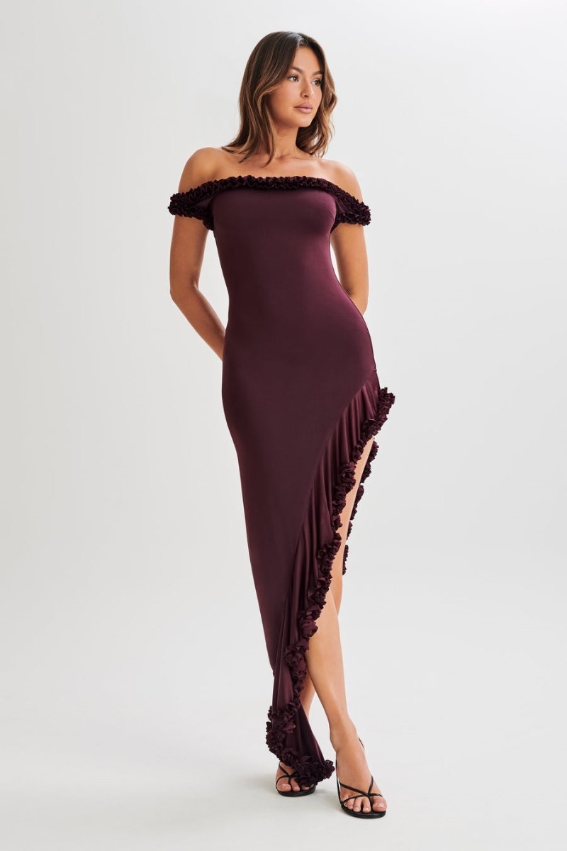 Women's Meshki Arielle Off Shoulder Ruffle Midi Dress Purple Australia | H2K-7291