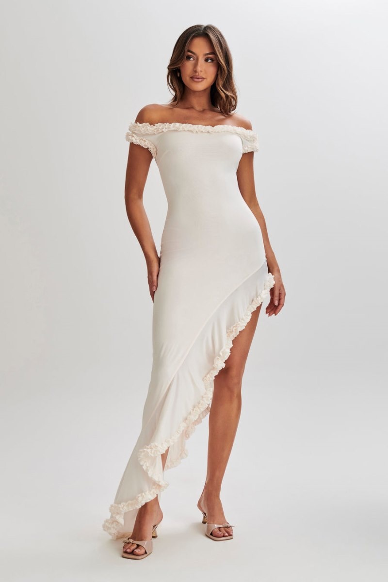 Women's Meshki Arielle Off Shoulder Ruffle Midi Dress White Australia | L1E-6001