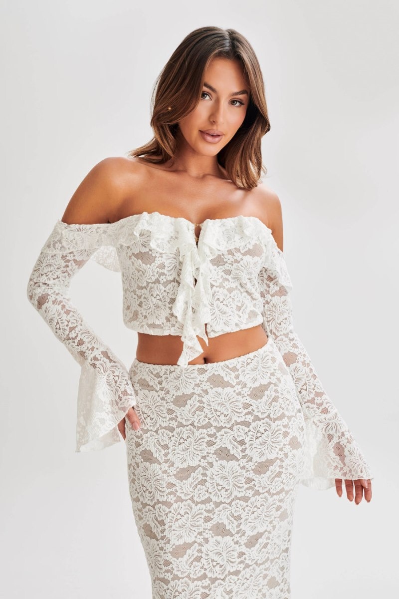 Women's Meshki Artemis Lace Plisse Off Shoulder Tops White Australia | J5N-8507