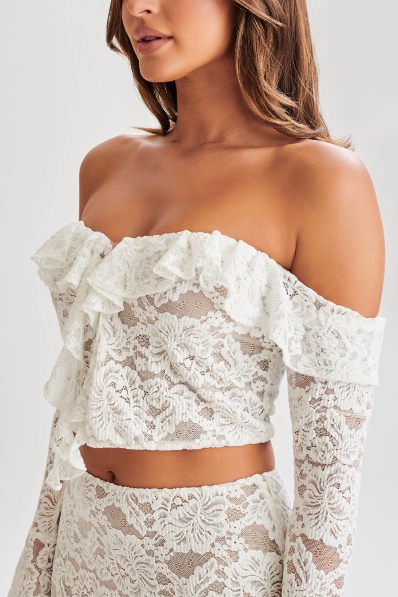 Women's Meshki Artemis Lace Plisse Off Shoulder Tops White Australia | J5N-8507