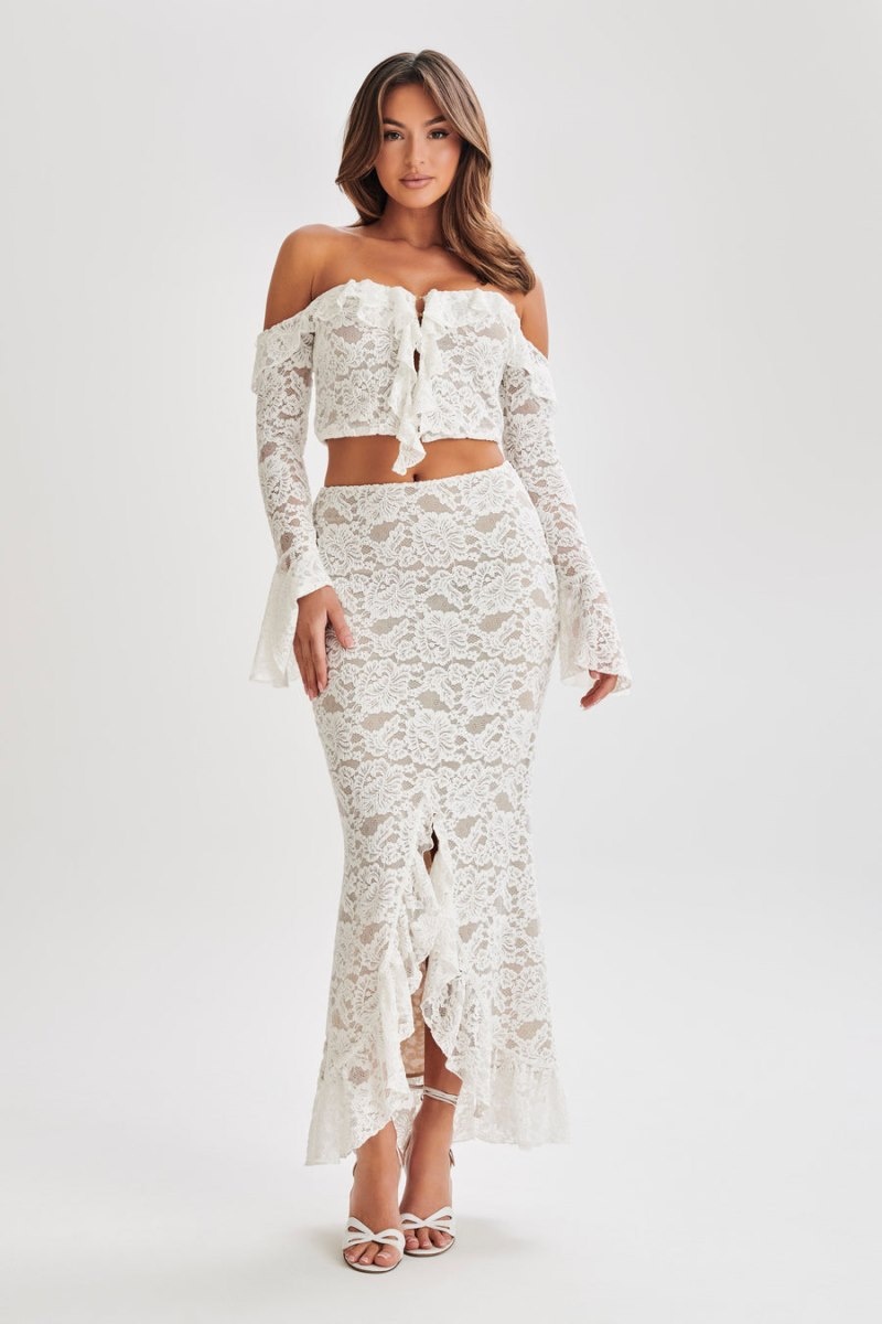 Women's Meshki Artemis Lace Plisse Off Shoulder Tops White Australia | J5N-8507