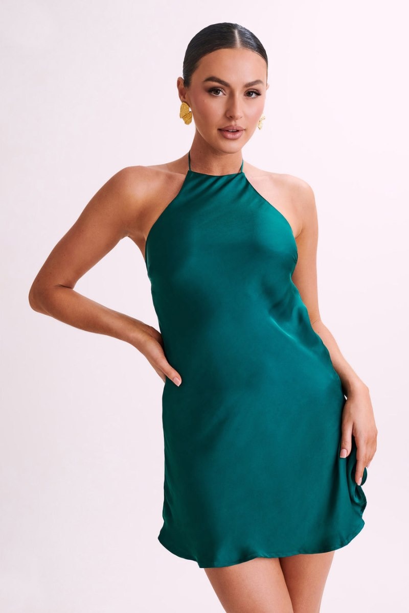 Women's Meshki Atlas Satin Bow Mini Dress Green Australia | E4B-3556