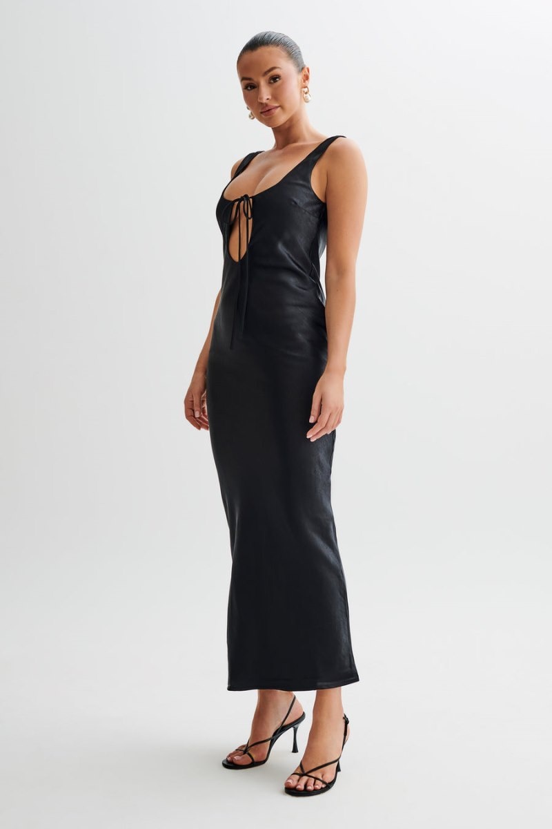 Women's Meshki Aubrie Keyhole Satin Maxi Dress Black Australia | U8T-6350