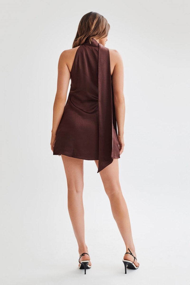 Women's Meshki Aubriella Halter Tie Mini Dress Dark Chocolate Australia | U1Y-5958