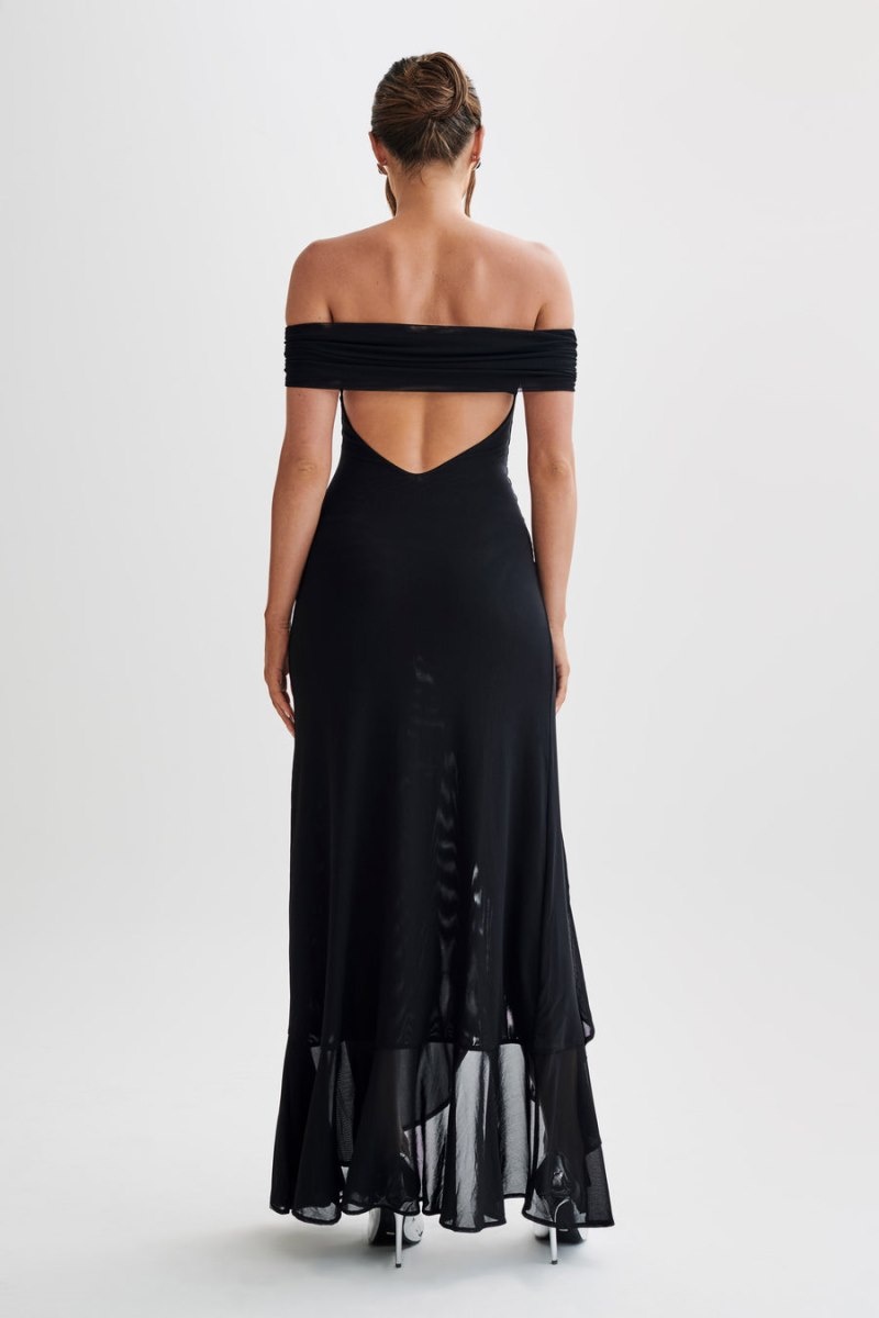 Women's Meshki Audrey Off Shoulder Mesh Maxi Dress Black Australia | J3M-1096