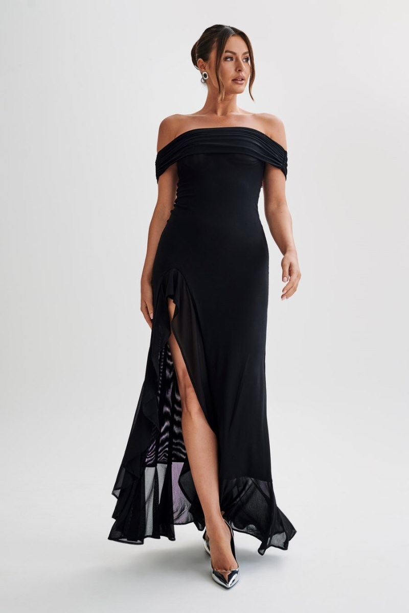 Women's Meshki Audrey Off Shoulder Mesh Maxi Dress Black Australia | J3M-1096