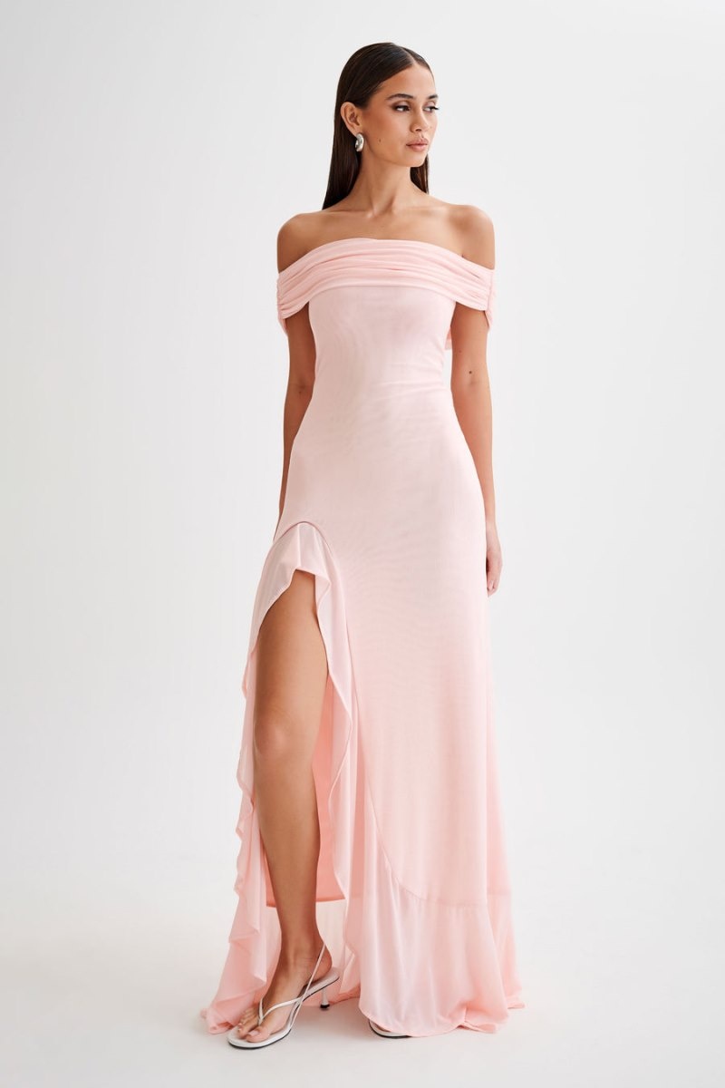 Women's Meshki Audrey Off Shoulder Mesh Maxi Dress Pink Australia | L5P-6693