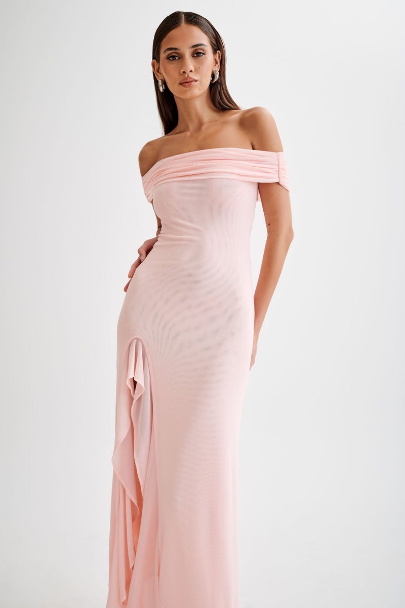 Women's Meshki Audrey Off Shoulder Mesh Maxi Dress Pink Australia | L5P-6693