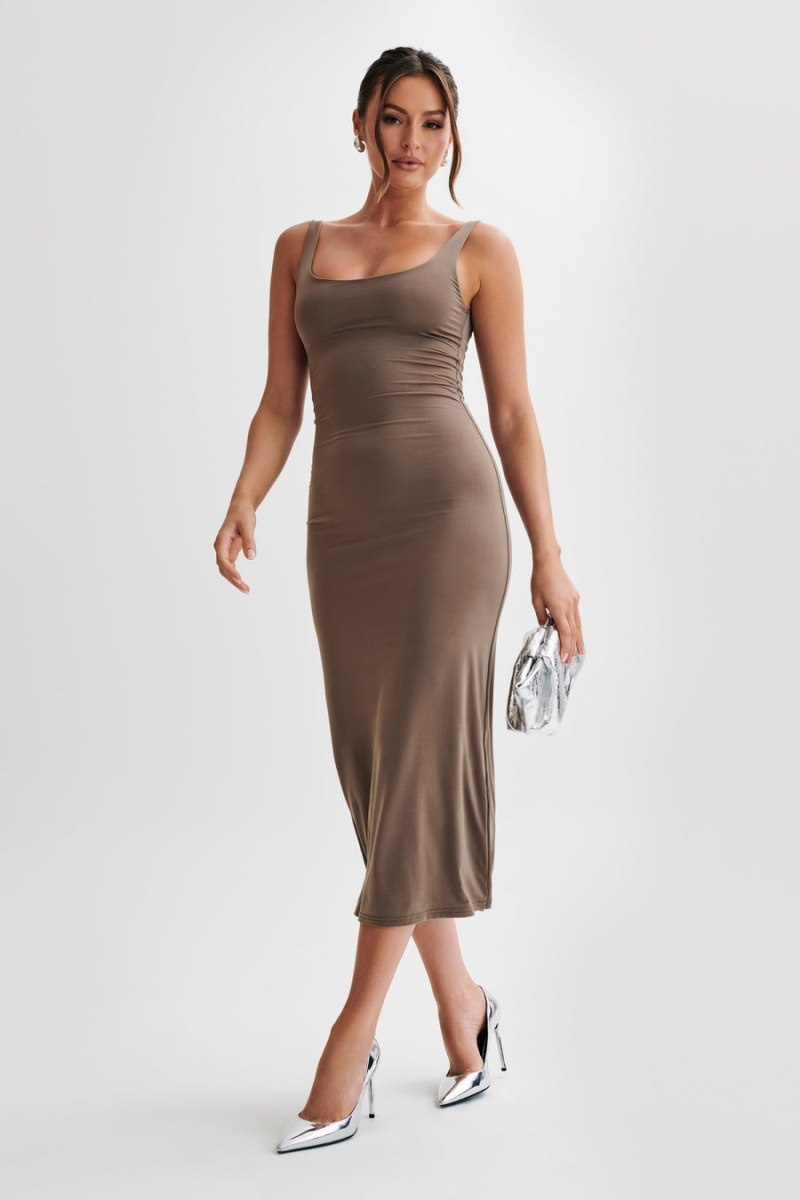 Women's Meshki Augustine Slinky Scoop Midi Dress Chocolate Australia | I2I-6374