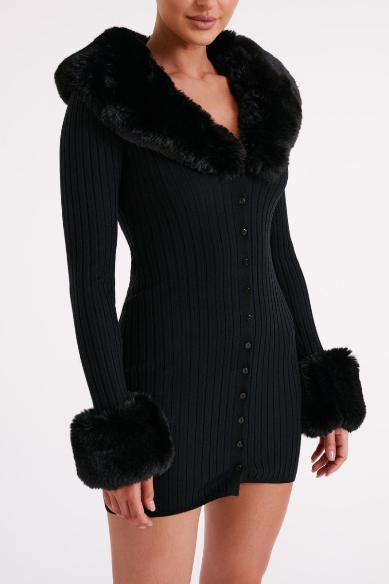 Women's Meshki Aurora Fur Trim Knit Mini Dress Black Australia | Q5N-6704