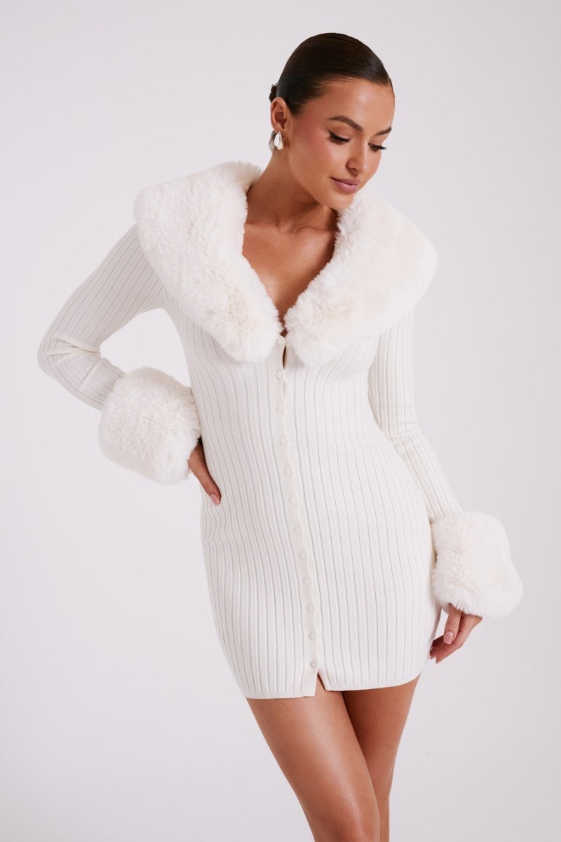 Women's Meshki Aurora Fur Trim Knit Mini Dress White Australia | H3P-9296