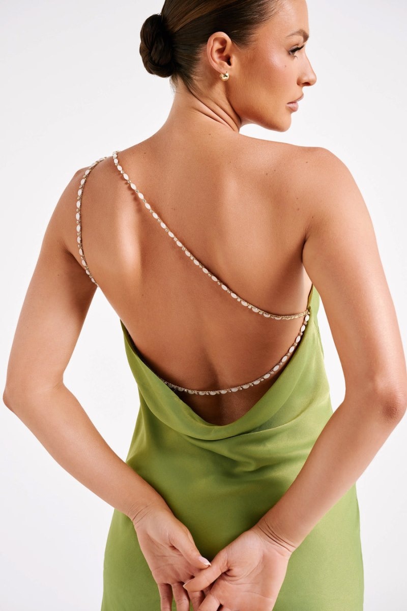 Women's Meshki Berina One Shoulder Pearl Trim Mini Dress Green Australia | Q8L-1648