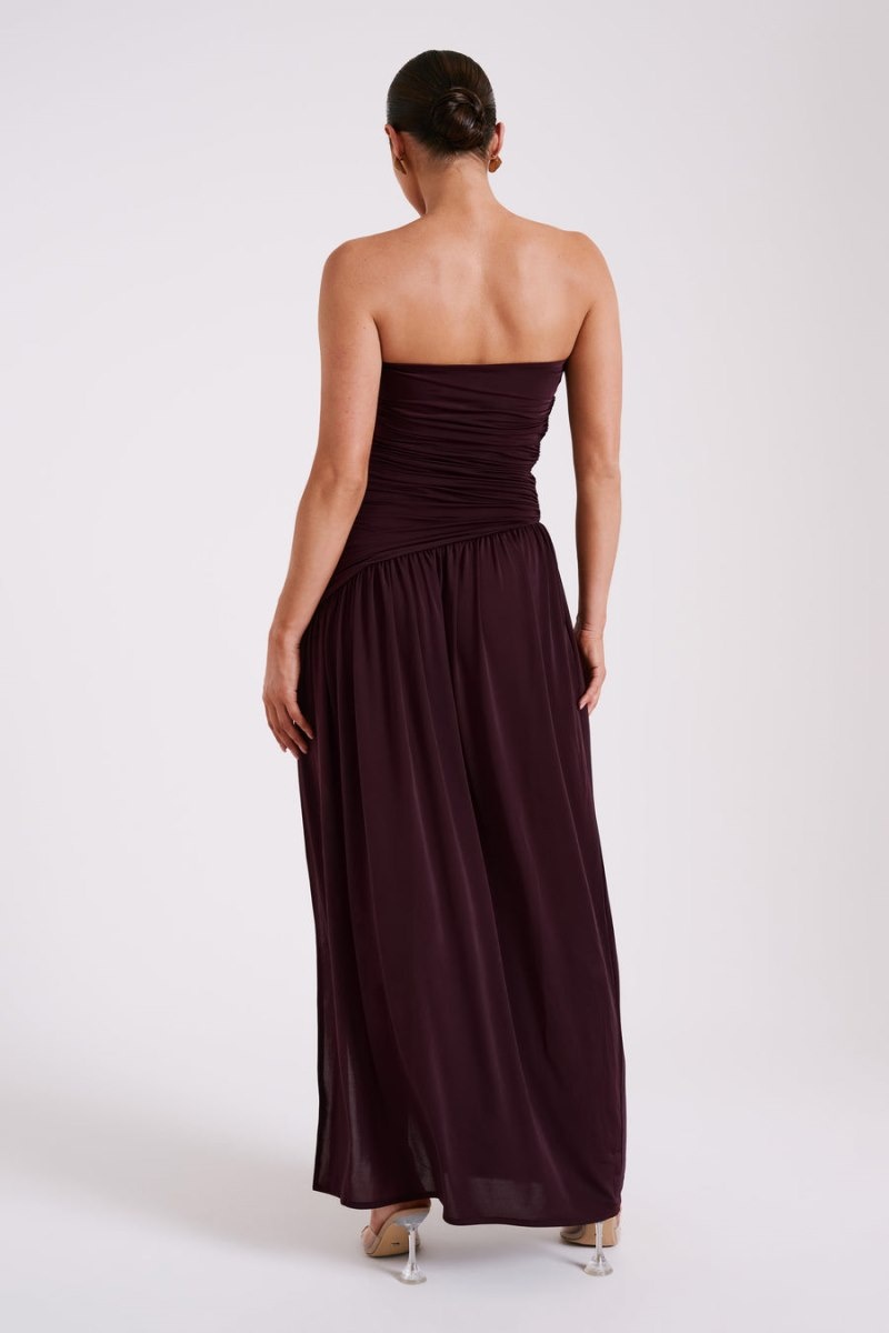 Women's Meshki Bex Strapless Slinky Split Maxi Dress Burgundy Australia | U2G-3214