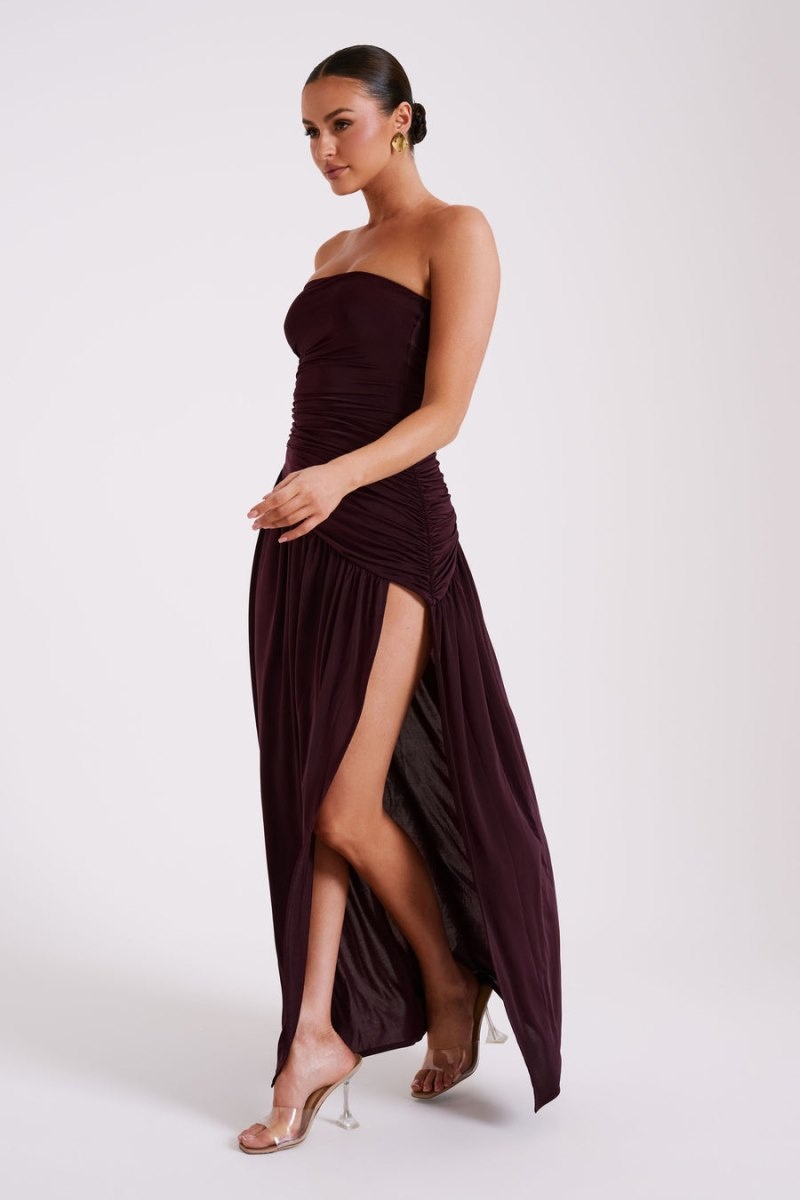 Women's Meshki Bex Strapless Slinky Split Maxi Dress Burgundy Australia | U2G-3214