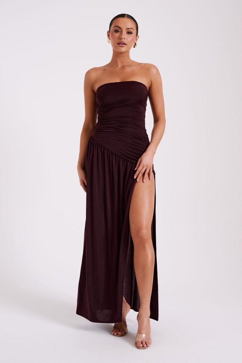 Women\'s Meshki Bex Strapless Slinky Split Maxi Dress Burgundy Australia | U2G-3214