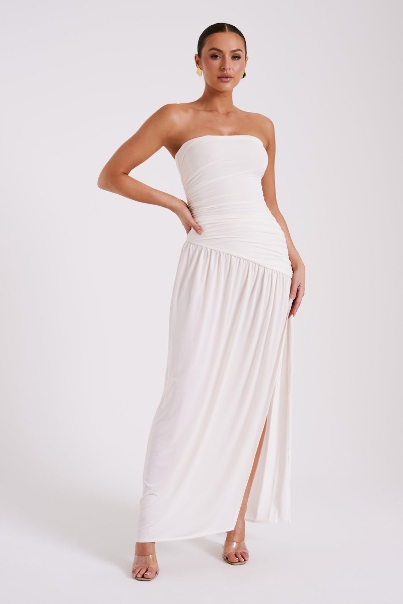 Women\'s Meshki Bex Strapless Slinky Split Maxi Dress White Australia | R6K-1262