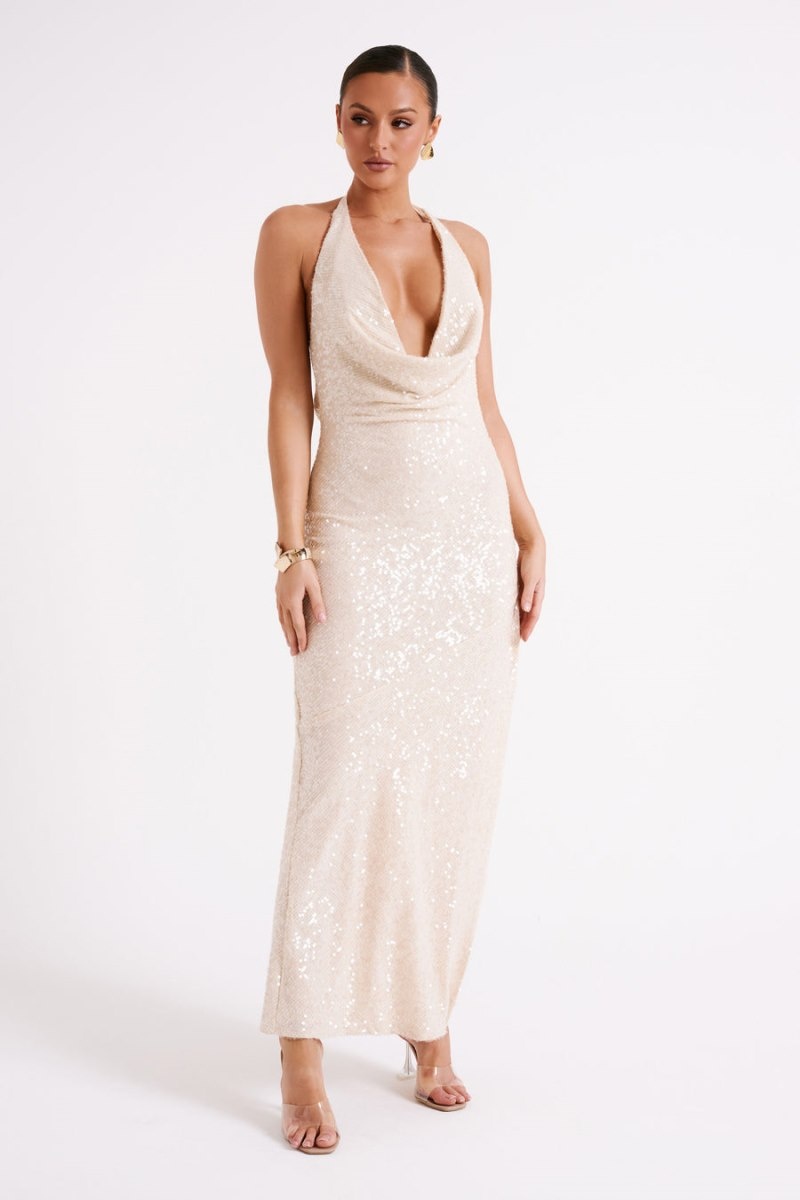 Women's Meshki Blakely Halter Sequin Maxi Dress Cream Australia | K5I-2154