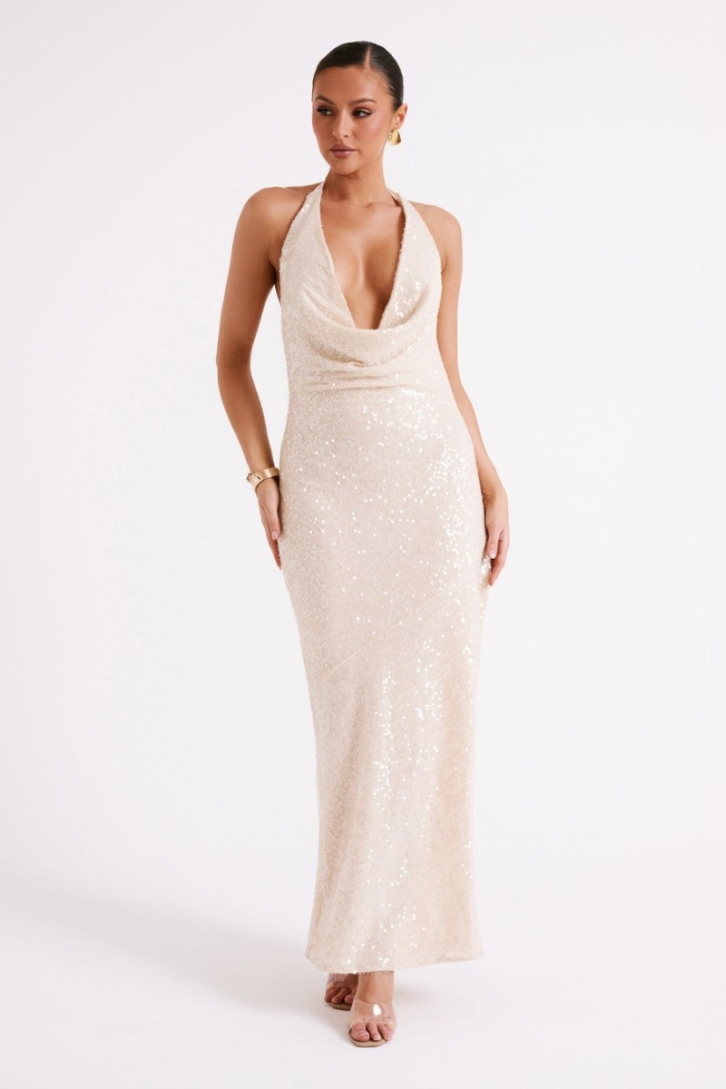 Women's Meshki Blakely Halter Sequin Maxi Dress Cream Australia | K5I-2154