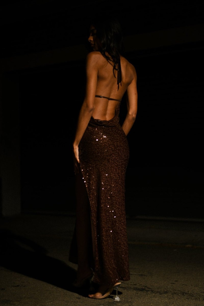 Women's Meshki Blakely Halter Sequin Maxi Dress Dark Chocolate Australia | H2J-2231