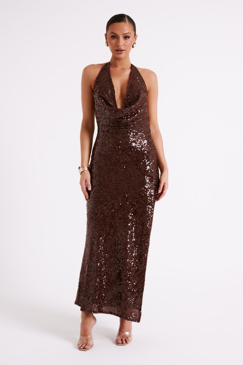 Women's Meshki Blakely Halter Sequin Maxi Dress Dark Chocolate Australia | H2J-2231