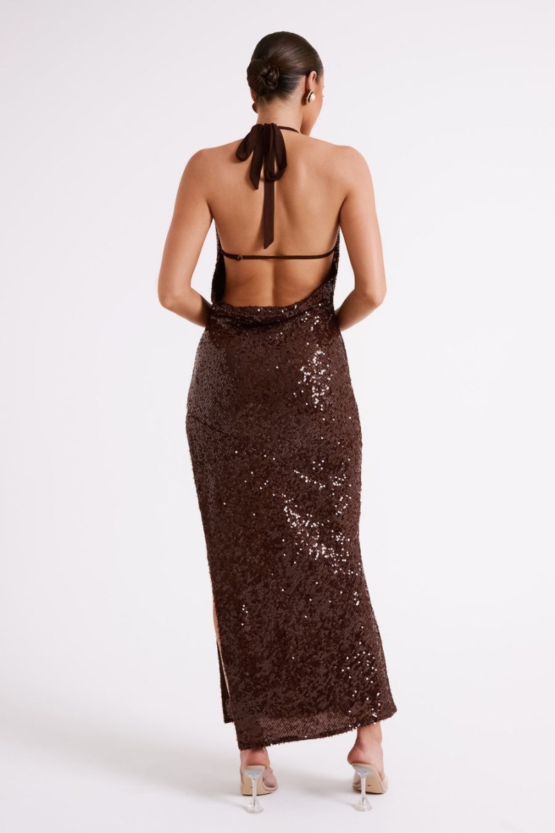 Women's Meshki Blakely Halter Sequin Maxi Dress Dark Chocolate Australia | H2J-2231