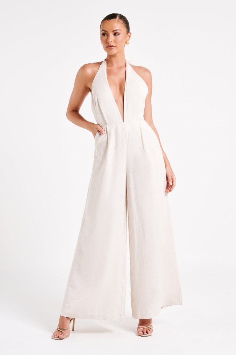 Women's Meshki Blanca Linen Halter Jumpsuit White Australia | Q9Q-8648