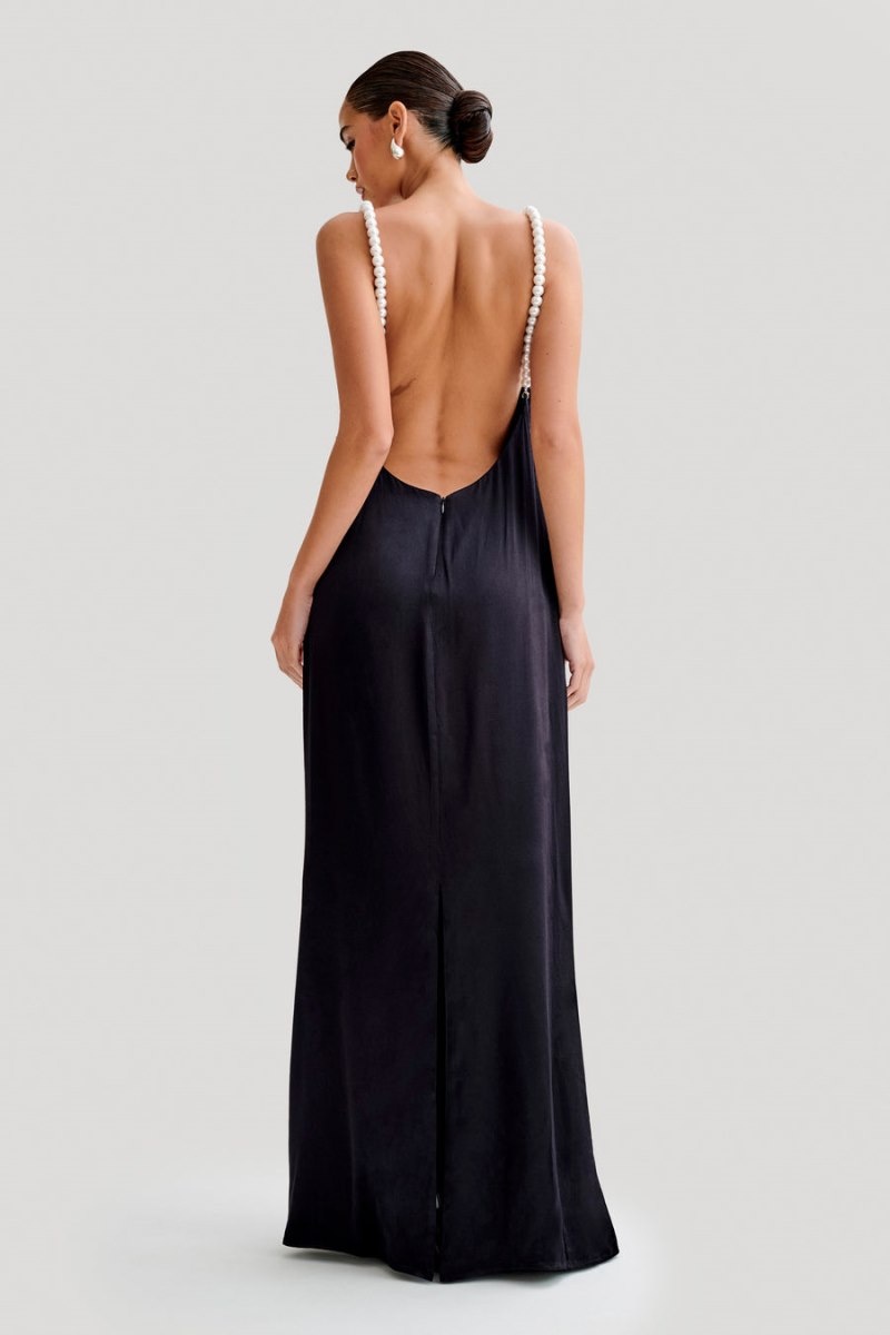 Women's Meshki Blanche Satin Pearl Halter Maxi Dress Black Australia | H6Q-3846