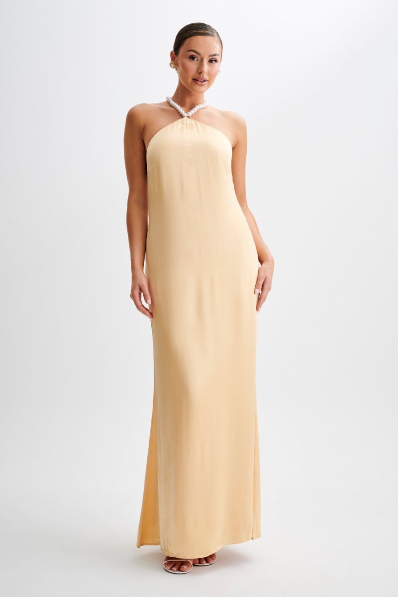 Women's Meshki Blanche Satin Pearl Halter Maxi Dress Light Orange Australia | P7I-6560