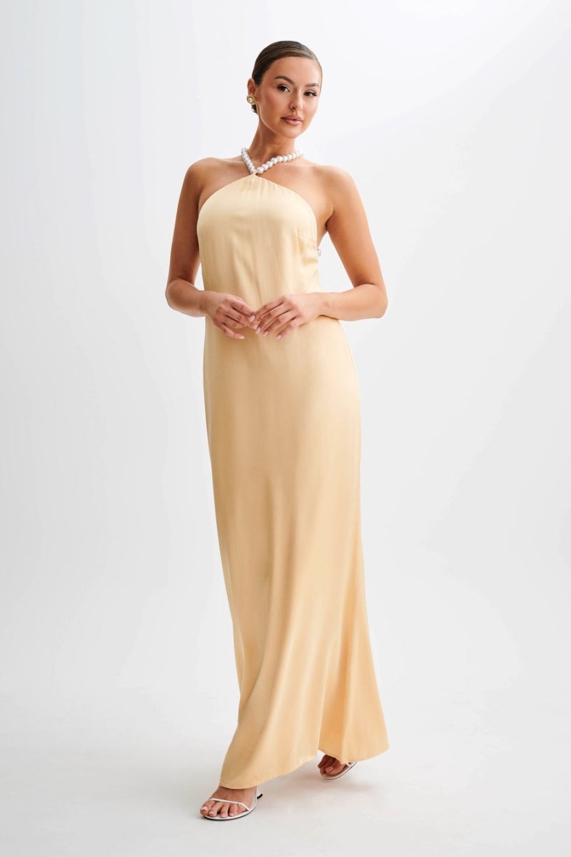 Women's Meshki Blanche Satin Pearl Halter Maxi Dress Light Orange Australia | P7I-6560