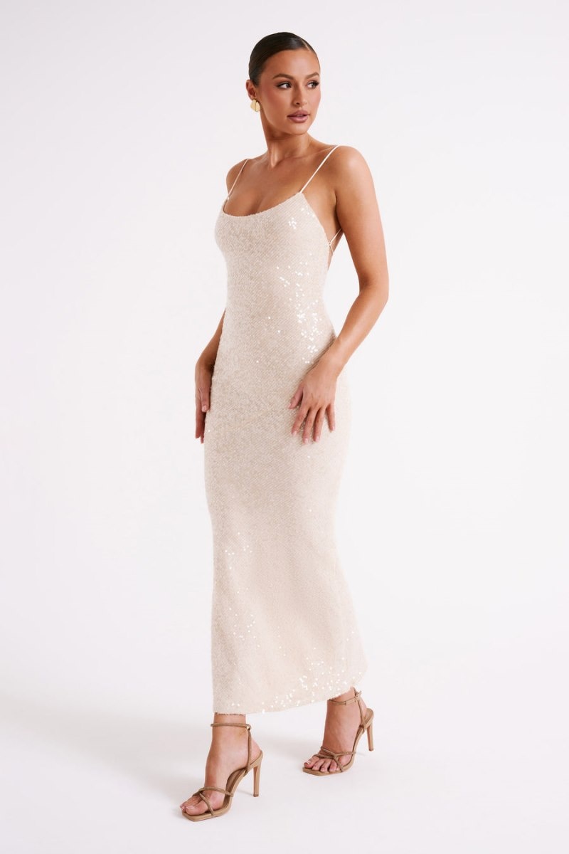 Women's Meshki Brianna Sequin Maxi Dress Cream Australia | R9K-0703