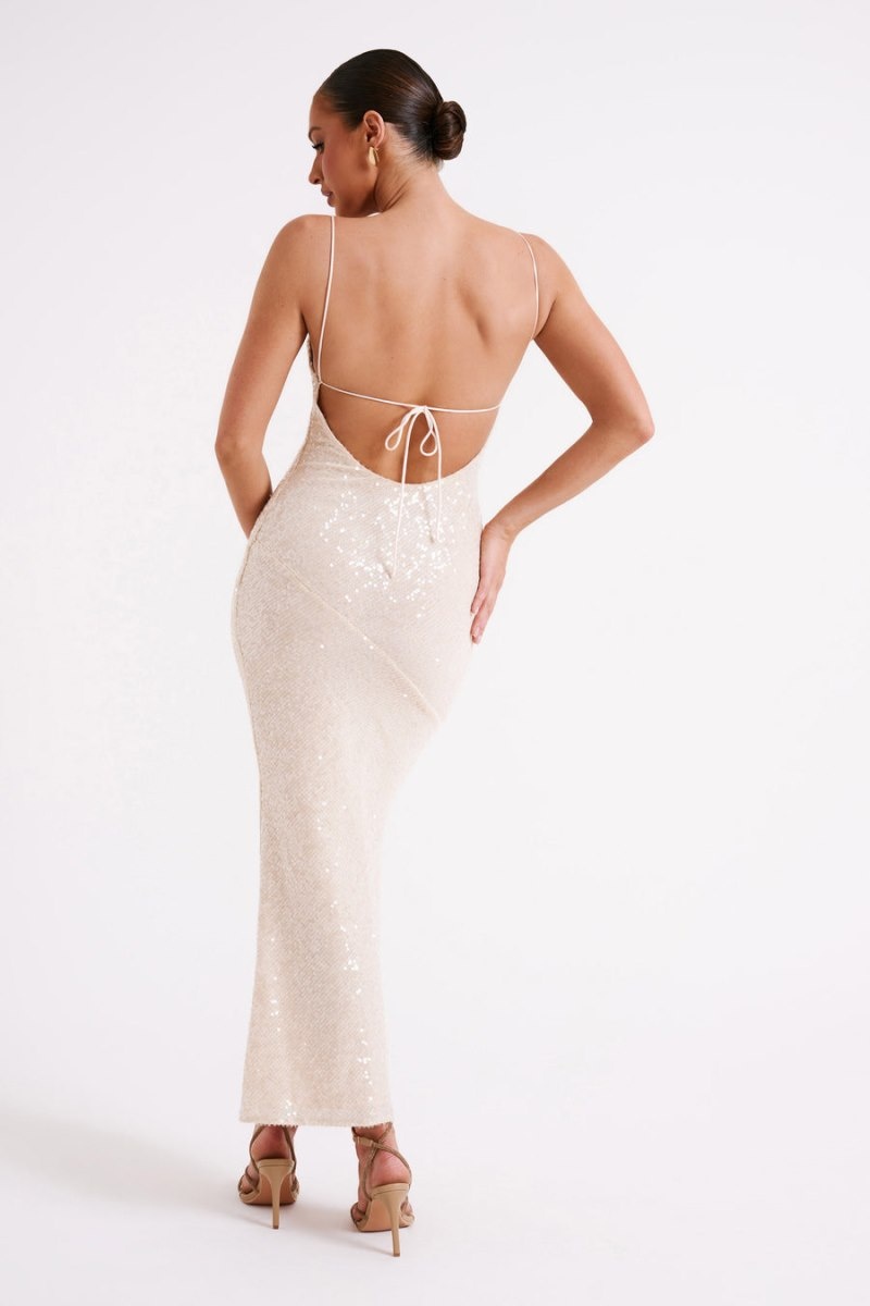 Women's Meshki Brianna Sequin Maxi Dress Cream Australia | R9K-0703