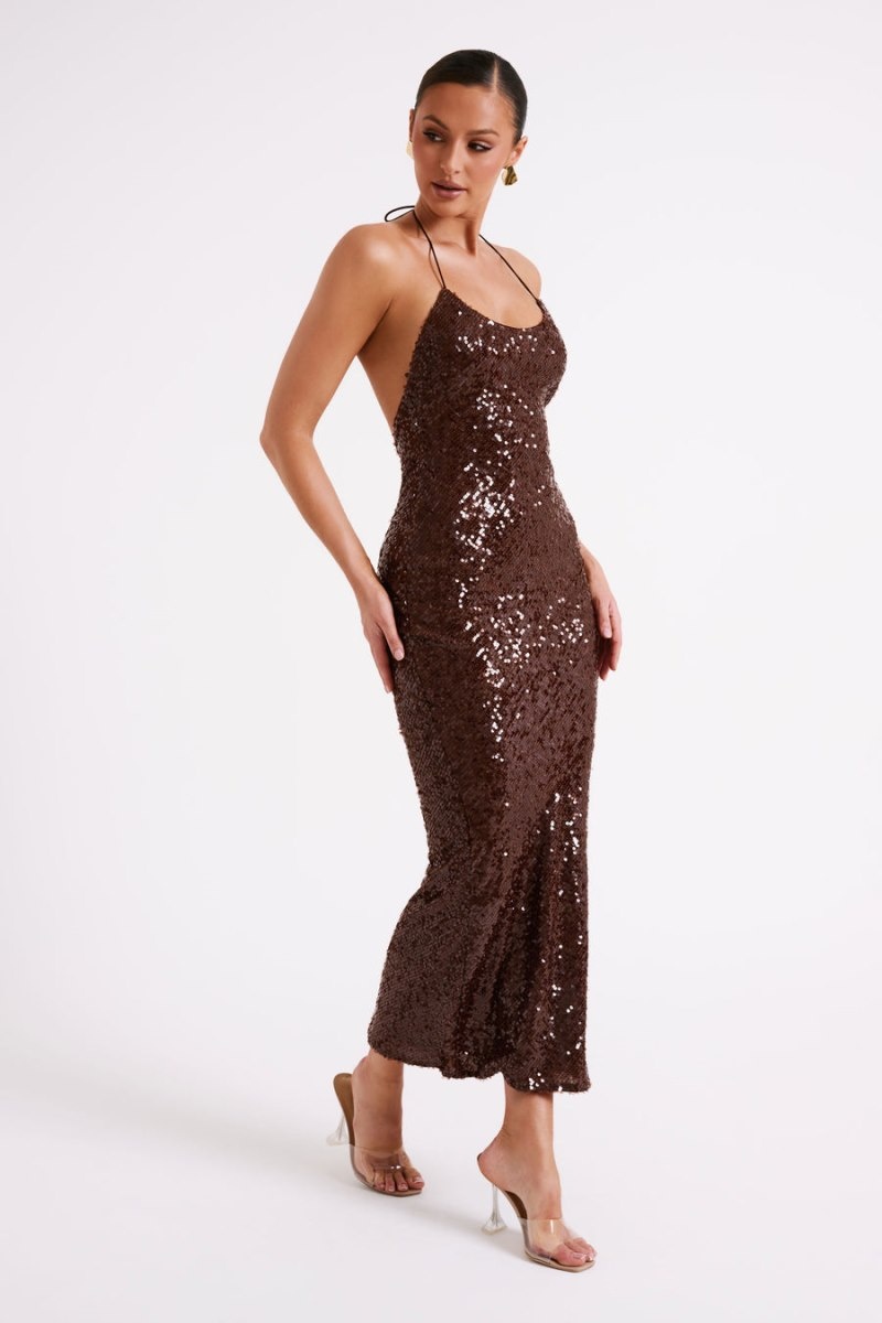 Women's Meshki Brianna Sequin Maxi Dress Dark Chocolate Australia | H3R-3818