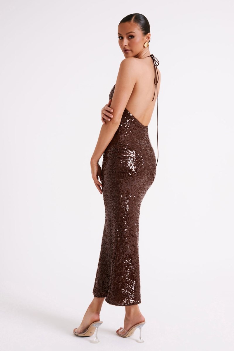 Women's Meshki Brianna Sequin Maxi Dress Dark Chocolate Australia | H3R-3818