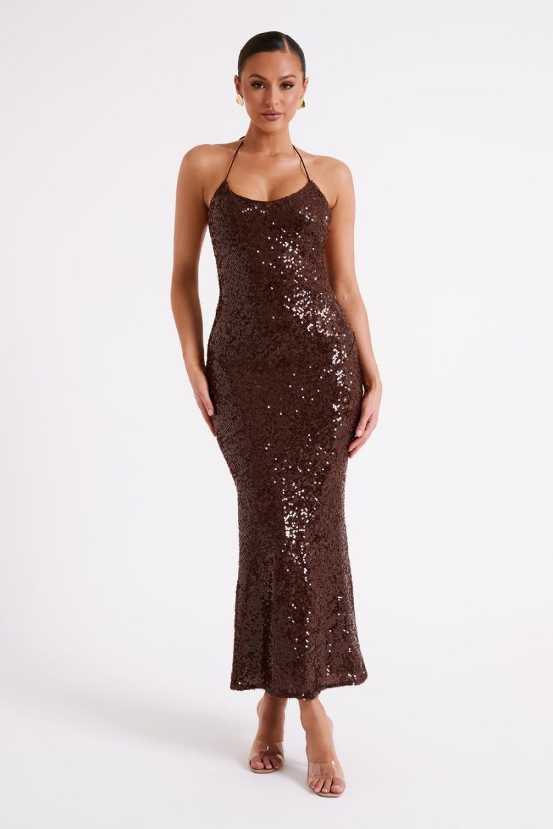 Women's Meshki Brianna Sequin Maxi Dress Dark Chocolate Australia | H3R-3818