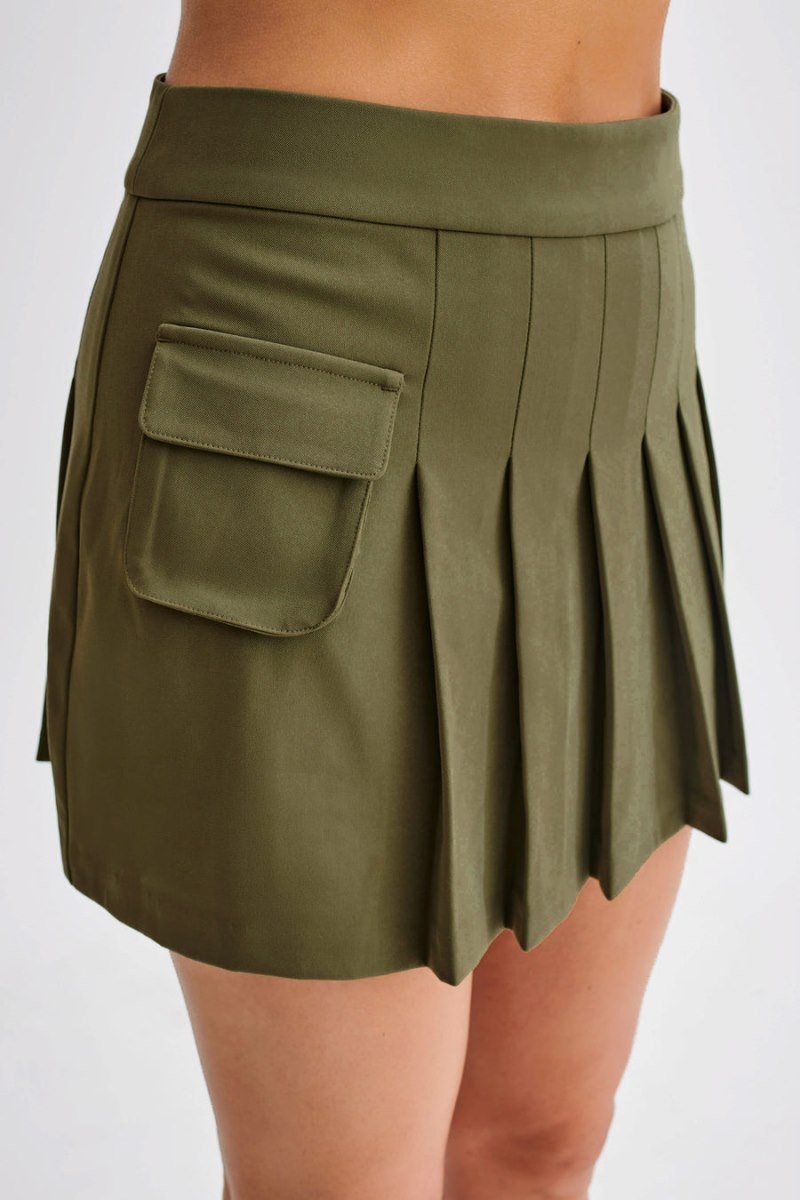 Women's Meshki Brigitte Pleated Mini Pocket Skirts Olive Australia | U2B-9976