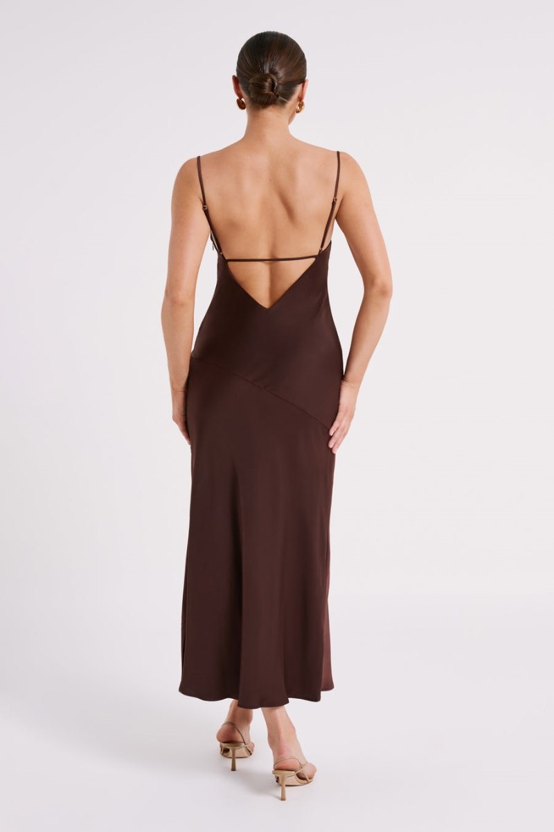 Women's Meshki Brynlee Low Back Satin Maxi Dress Dark Chocolate Australia | O1J-4772