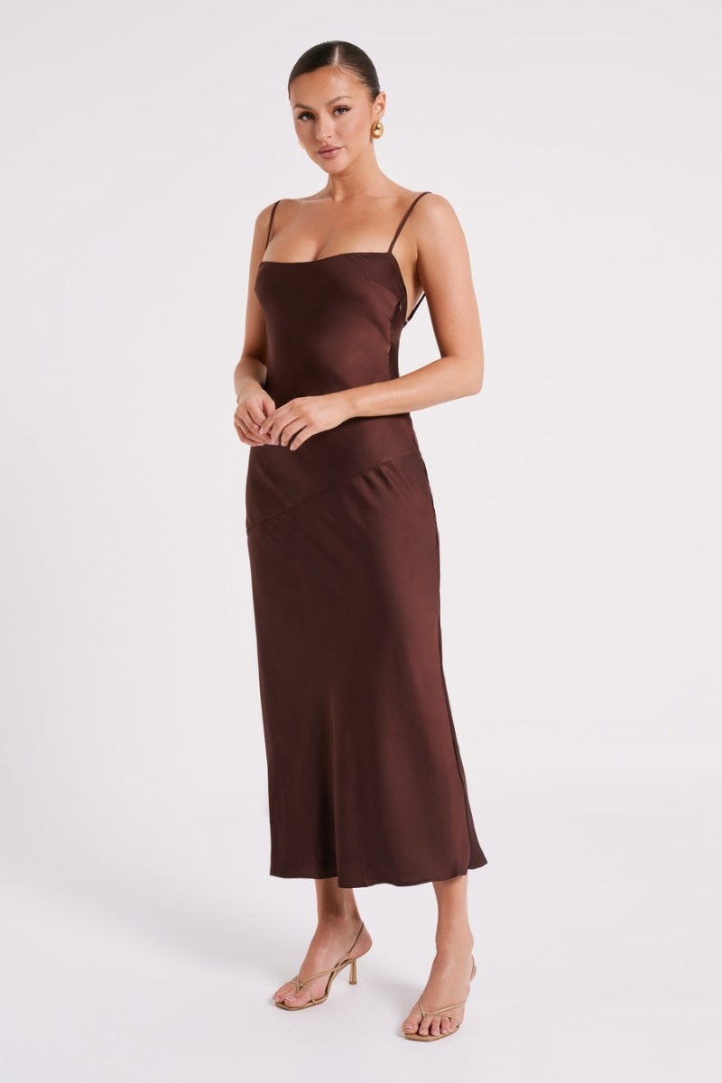 Women's Meshki Brynlee Low Back Satin Maxi Dress Dark Chocolate Australia | O1J-4772