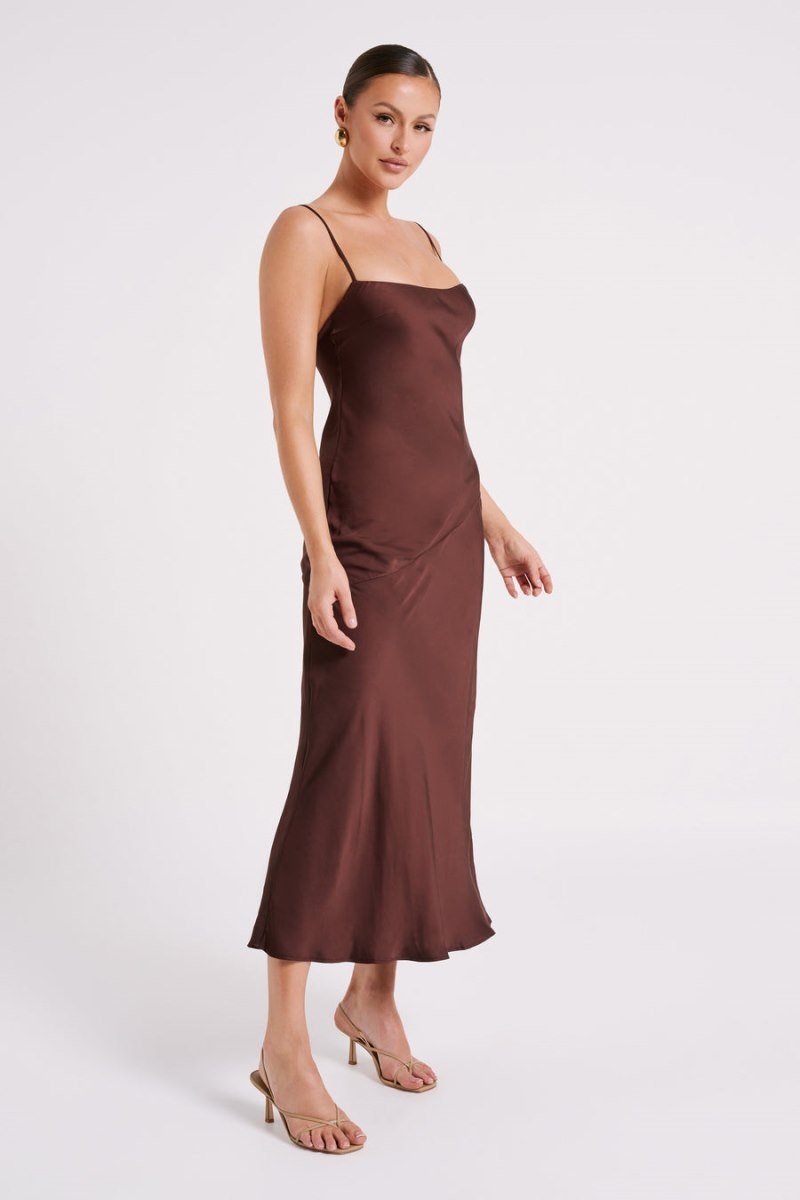 Women's Meshki Brynlee Low Back Satin Maxi Dress Dark Chocolate Australia | O1J-4772