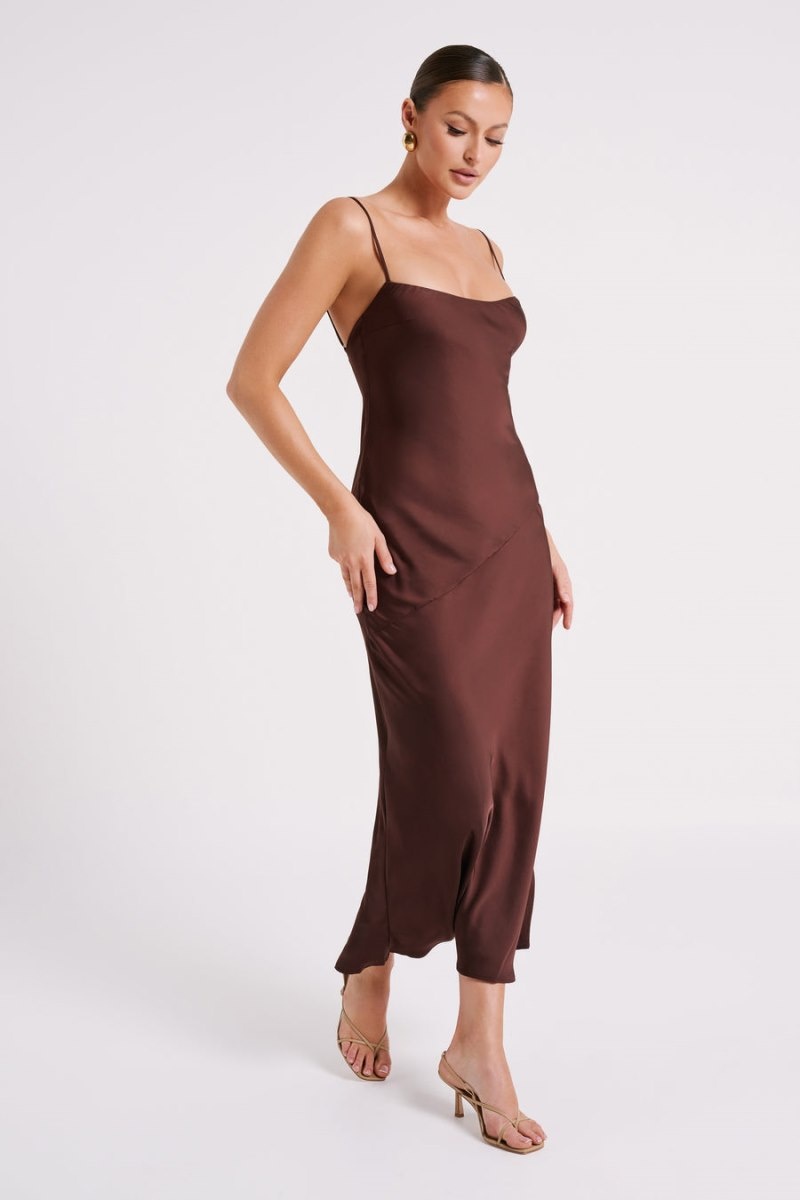 Women's Meshki Brynlee Low Back Satin Maxi Dress Dark Chocolate Australia | O1J-4772