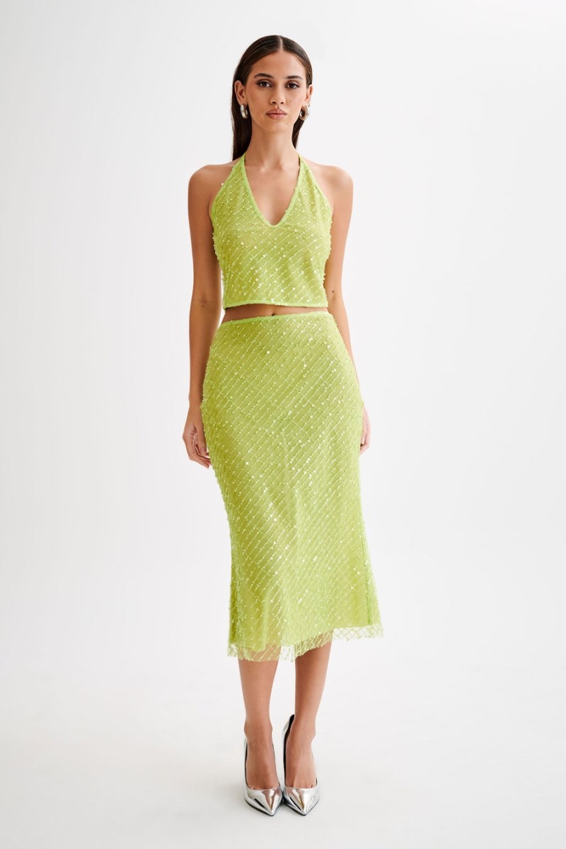 Women's Meshki Brynne Sequin Midi Skirts Green Australia | J6D-8741