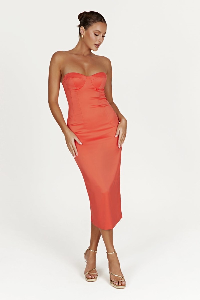 Women's Meshki Bryony Cupped Bodycon Midi Dress Coral Australia | E3R-4416