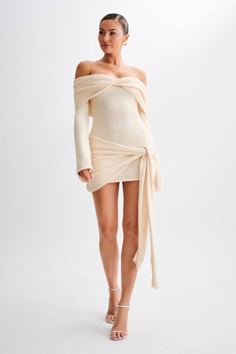 Women's Meshki Camryn Off Shoulder Tie Knit Mini Dress Cream Australia | V4Q-4549