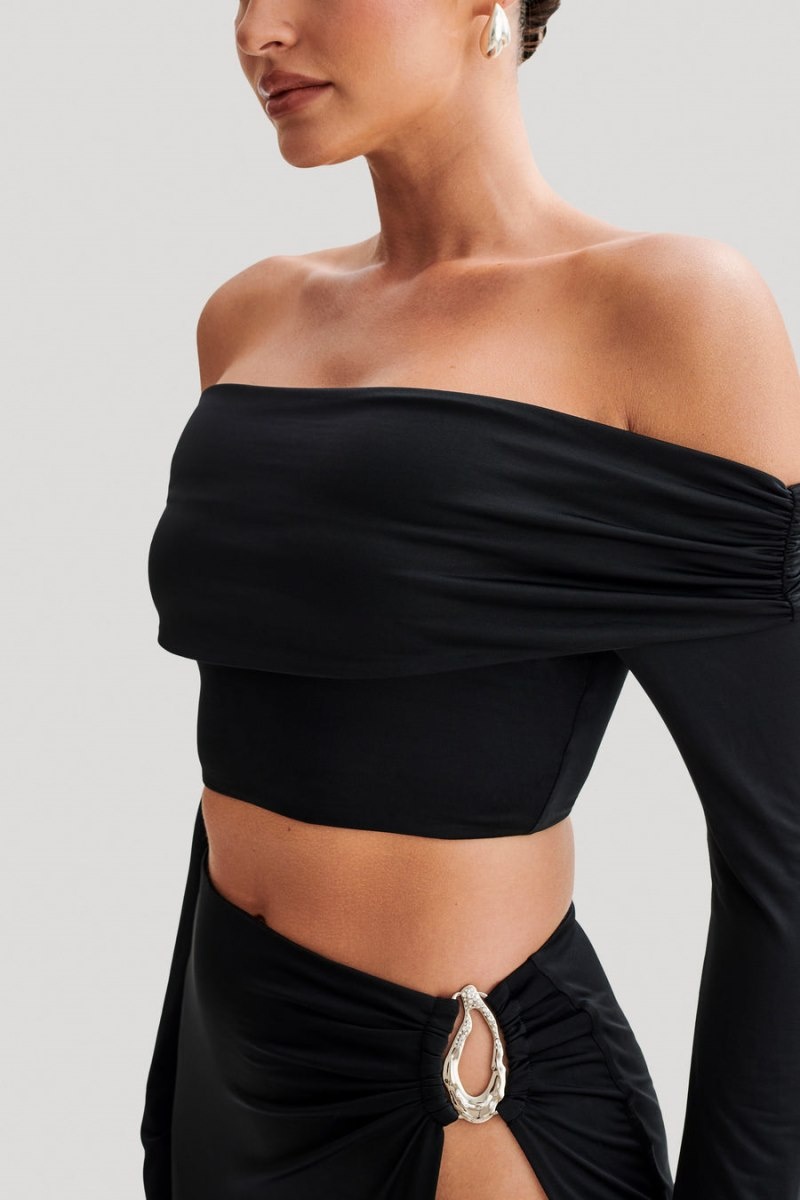 Women's Meshki Camryn Slinky Off Shoulder Crop Tops Black Australia | V7E-2903