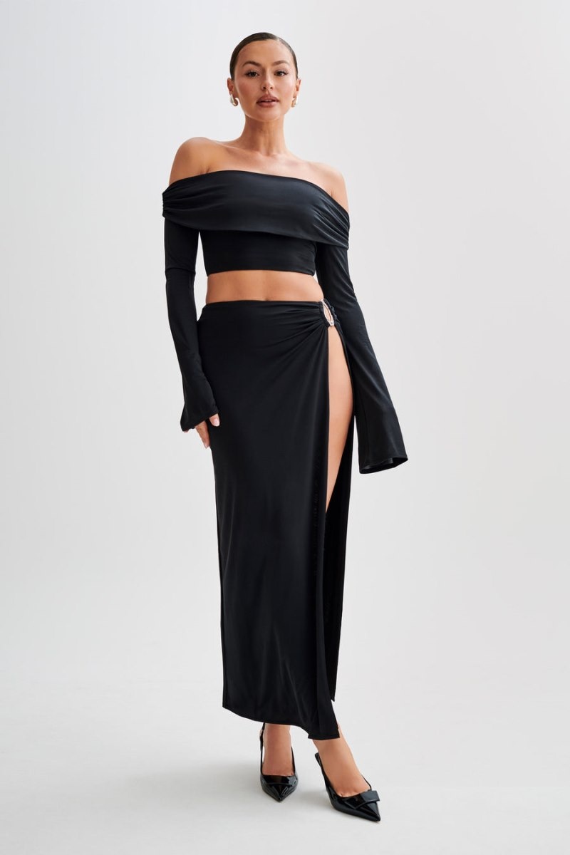 Women's Meshki Camryn Slinky Off Shoulder Crop Tops Black Australia | V7E-2903